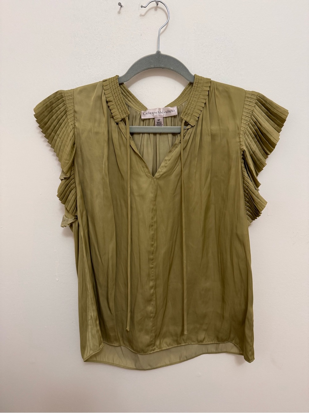 Catherine Malandrino Olive Pleated Flutter Sleeve Blouse